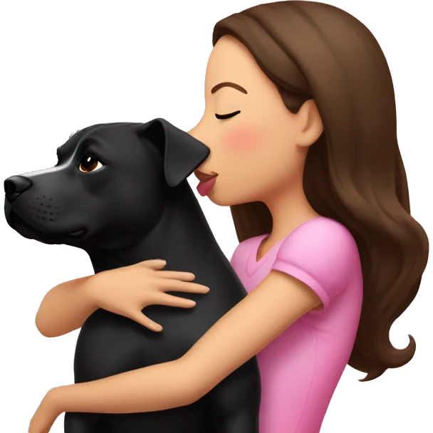 Brunette kissing big black pitbull dog, pink hearts emoji