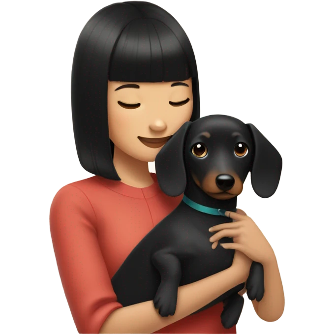Asian woman with black neat bangs hugging black dachshund emoji