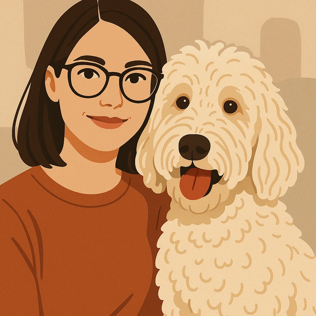 modern illustration of brunette female with glasses and her cream colored goldendoodle emoji