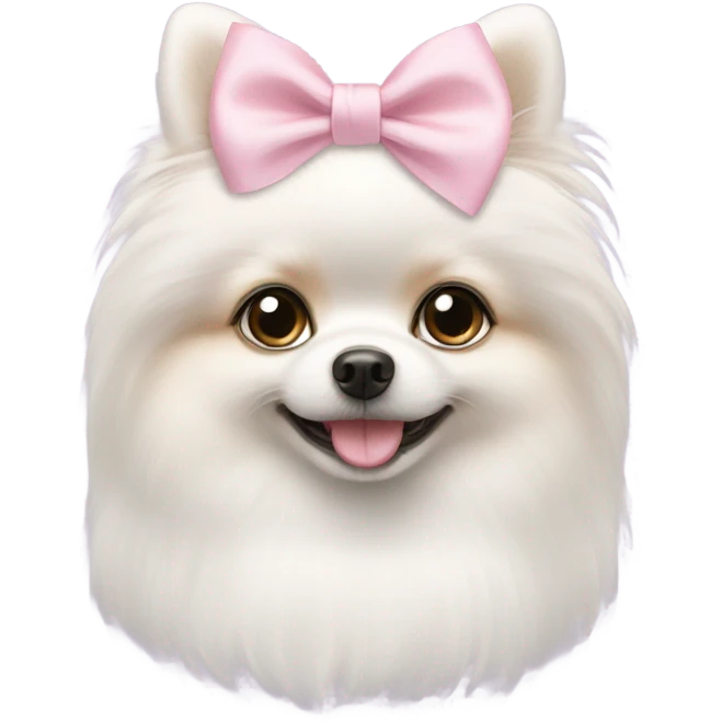 A white little Pomeranian with a cute little light pink bow on her hair emoji