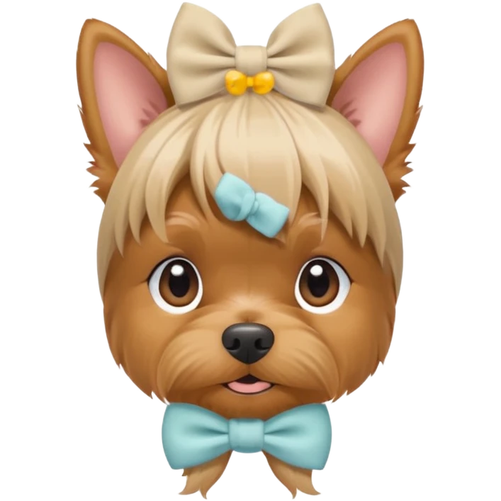 a Yorkshire Terrier face with a ponytail on head tied with a soft beige bow. Cute expression, flat design, pastel colors emoji