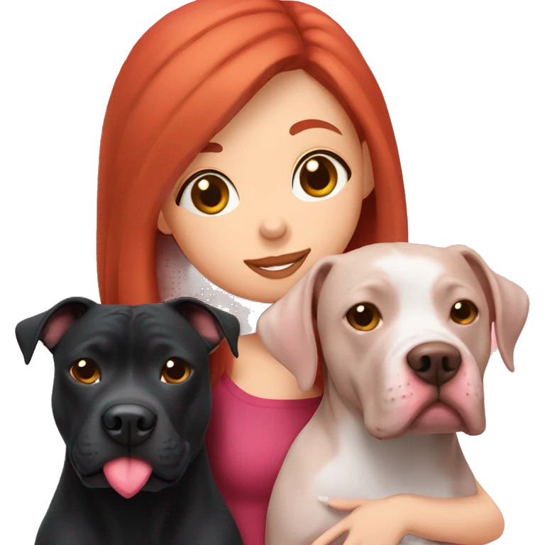 Girl with red hair kissing big black pitbull dog, pink hearts emoji