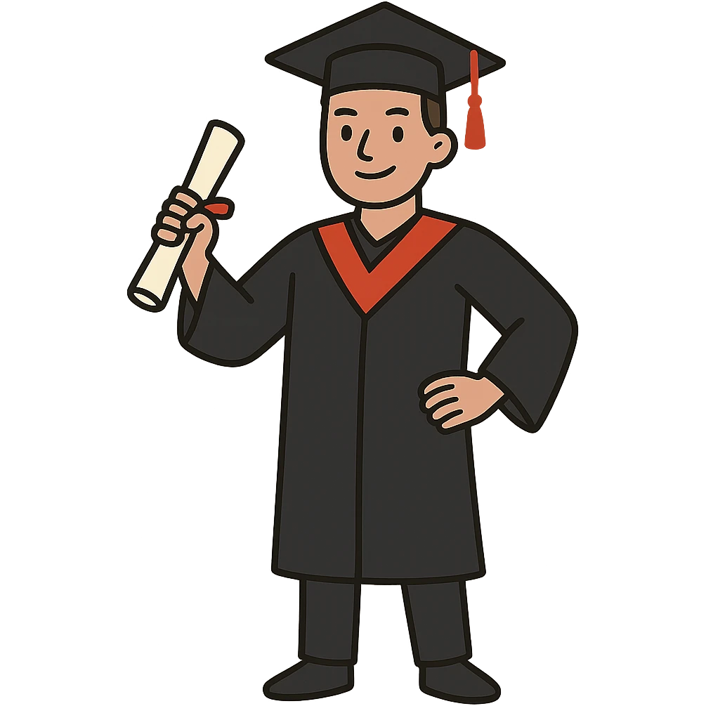 flat toon style successful graduate student, cap and gown, diploma, confident pose emoji