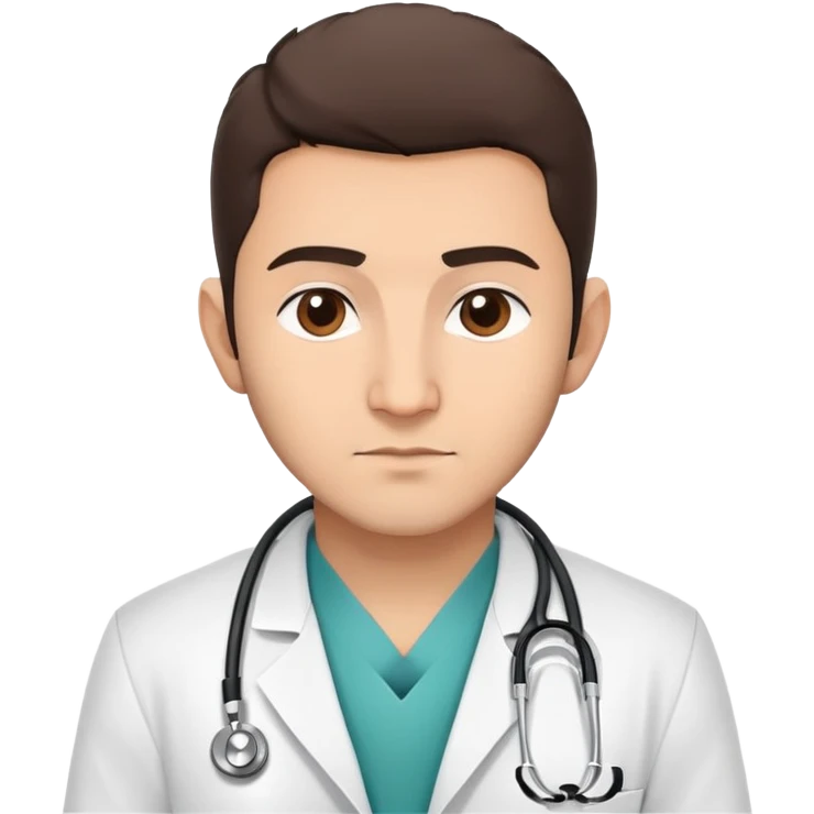 A detailed emoji-style illustration of Habib Nurmagomedov wearing a doctor's white coat, stethoscope around his neck, with a confident and serious expression, in a minimalist and clean design, suitable for messaging apps. emoji