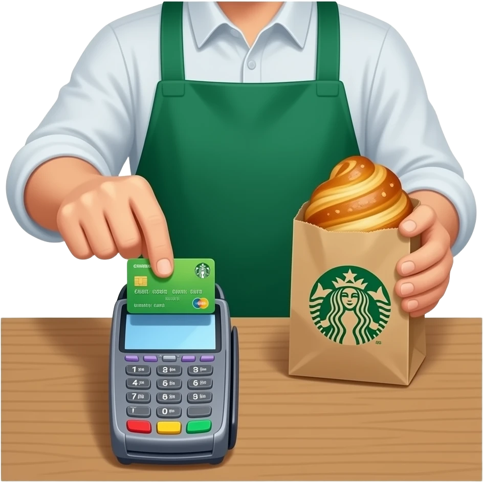 Please show hands of customer left hand they should be paying with their card on POS SYSTEM , have their phone on the table with the starbucks loyalty point and the cahsier should be handing them a pastry in a starbucks packaging emoji