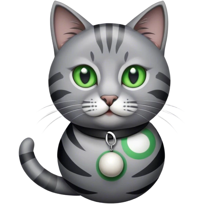 A grey cat with black stripes green eyes and a caller that says Ziggy and the cat is playing with a ball emoji