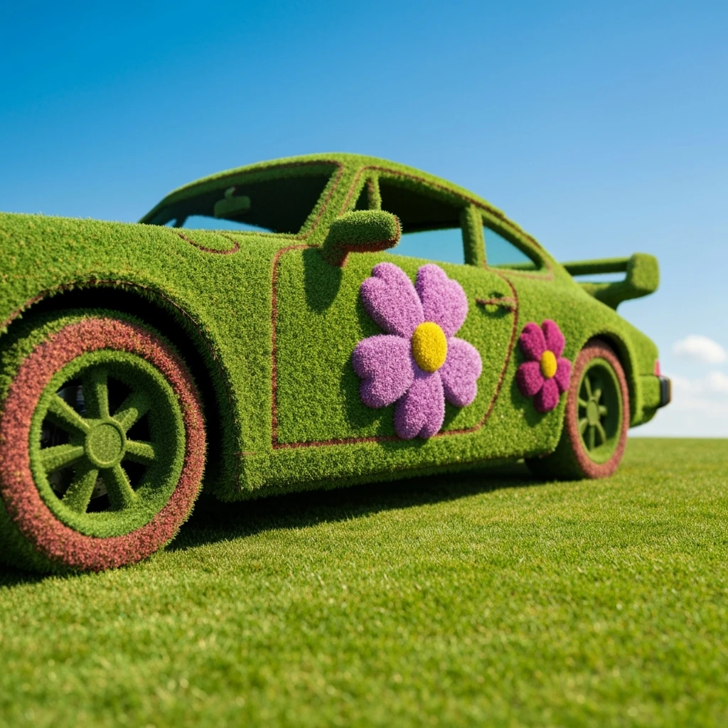 Closeup shot of a porsche 911, body of car made of grass and big colorfull flowers, green hill grass, blue clear sky, dutch angle, captured by ARRI 65 emoji