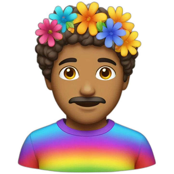 latino man with rainbow clothes and flowers on face emoji