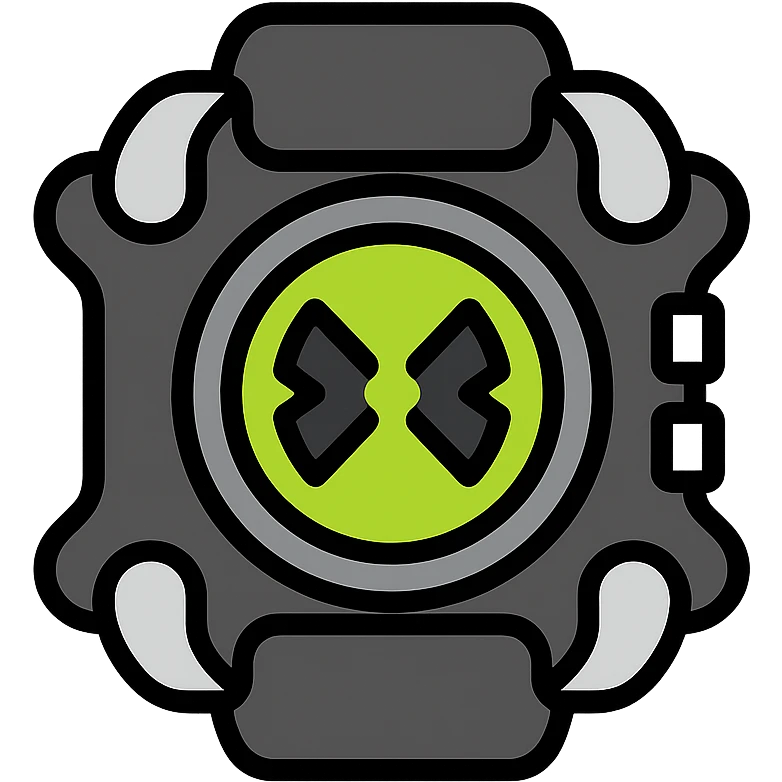 high-tech alien wrist device designed like a futuristic watch, main body black with metallic silver details, glowing neon green circular screen at center displaying unique alien symbol resembling double-headed arrow or X-shape, screen lights up when activated, otherworldly sci-fi feel, durable and advanced, space lab, modern color icon style emoji
