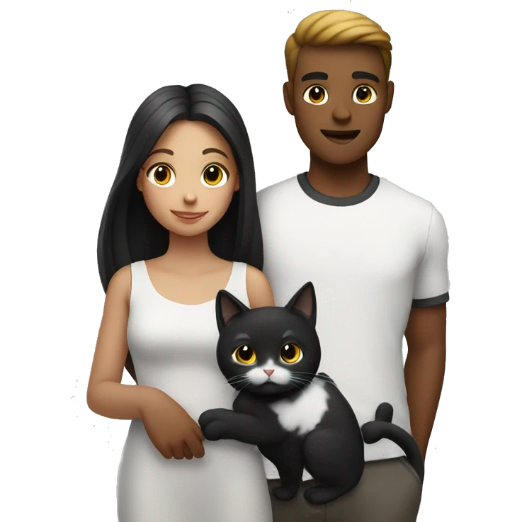A guy and a girl are standing next to each other and holding a black and white cat in their arms emoji