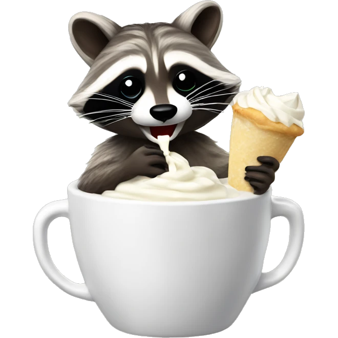 Raccoon eating whipped cream out of a cup emoji