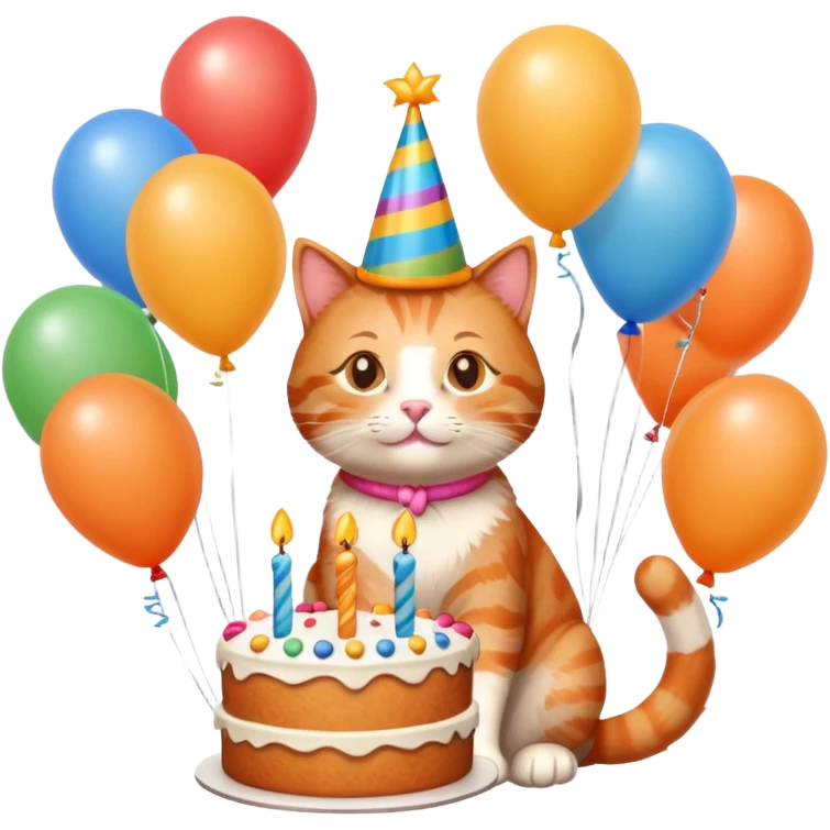 Ginger cat celebrates birthday, birthday hat, birthday cake, balloons, happy emoji