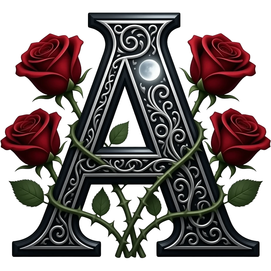 A heavy obsidian letter 'A' with silver filigree engraving. Deep red velvet roses with thorny stems wrap around the letter. Glowing moonlight effect, dark and moody atmosphere, high contrast, cinematic emoji