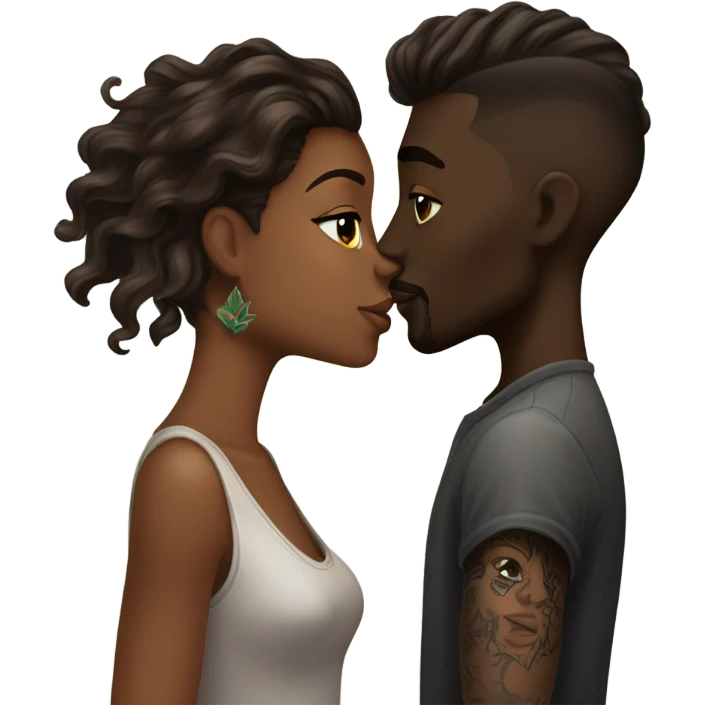 Brown, long hair, girl, kissing, dark skin with tattoos, mid taper fade guy ￼ emoji