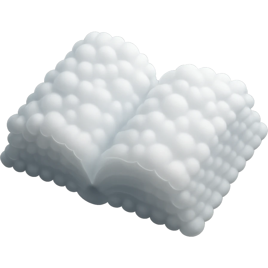 thick open book made entirely of small, very bright white fluffy convex clouds, matte glass style emoji