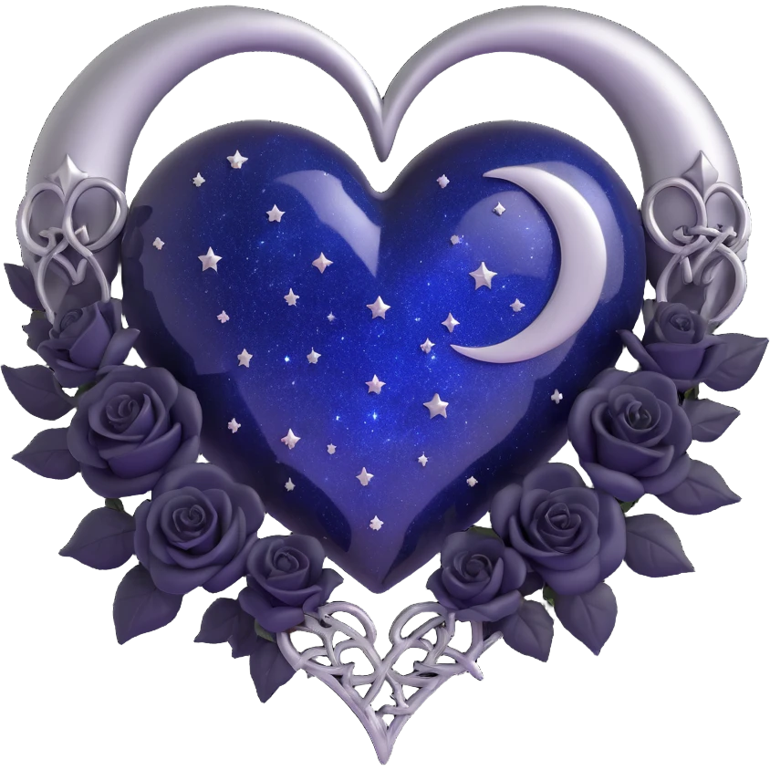 gothic heart, midnight blue glass texture, silver crescent moon, tiny black roses, mysterious and rich style, starry sparkle effect emoji