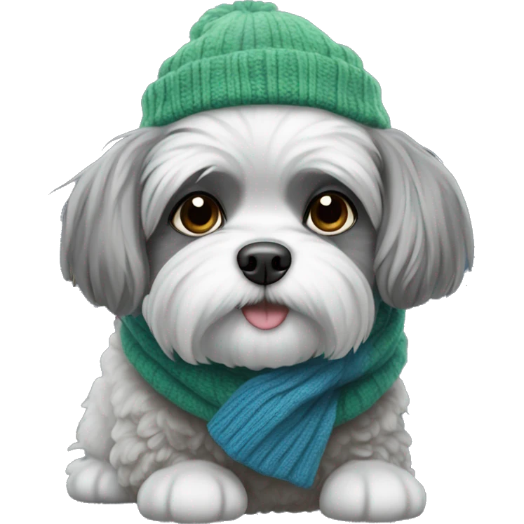Shitzu dog grey with a blue and green sweater, a scarf and a winter hat emoji