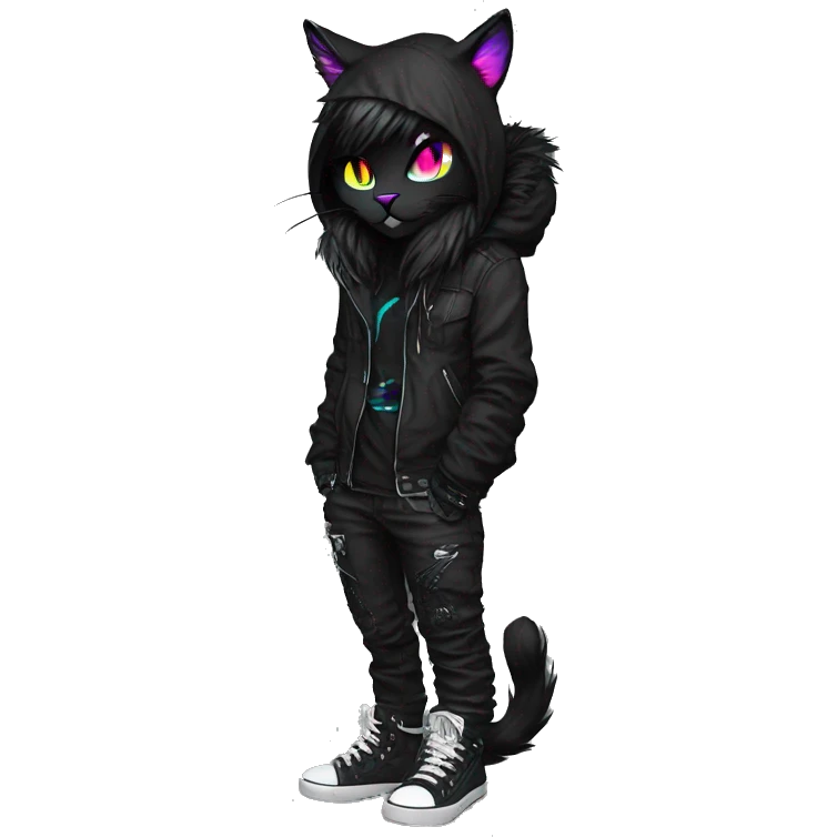 Edgy Shy Anthro cool pretty colorful dark cat-fursona techwear punk black emo-mane emoji