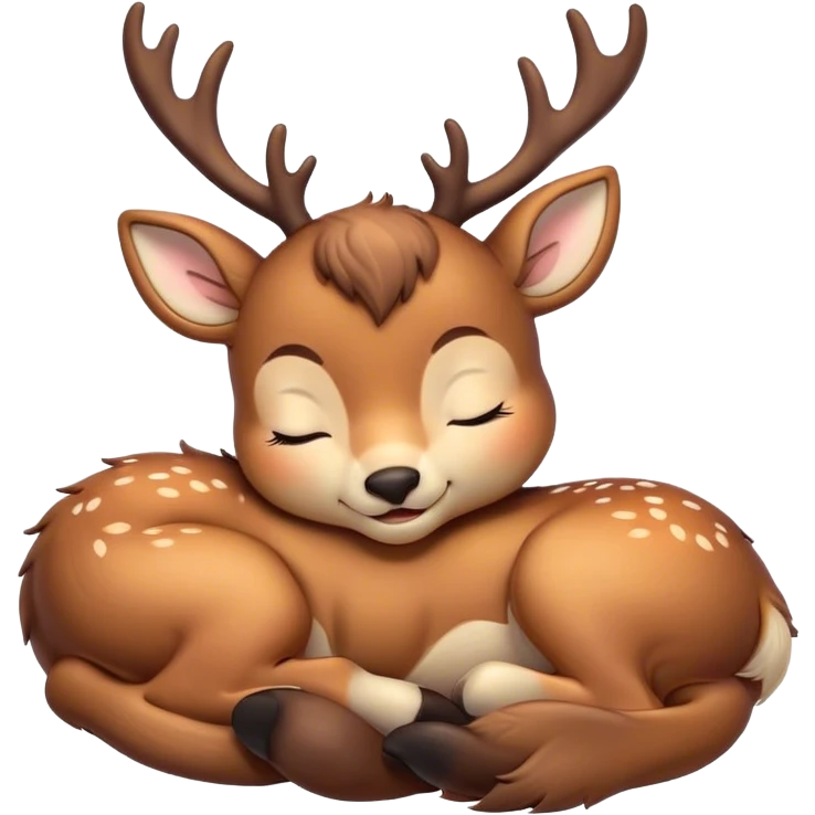 Meme-Worthy Cute Sleeping Deer Portrait Emoji, Head resting peacefully with a contented smile, showcasing a delicate, slender build and a luxuriously soft Fur, eyes shut in a serene, restful nap, Simplified yet hilariously adorable features, highly detailed, glowing with a soft, drowsy light, high shine, relaxed and utterly lovable, stylized with an air of playful laziness, bright and heartwarming, soft glowing outline, capturing the essence of a comically sleepy deer, so meme-worthy it feels like it could instantly become the next viral sensation of adorable woodland slumber! emoji