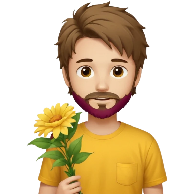 generate an ios genmoji of a 20 year old fair boy with brown long and messy hair with goattee beard on cheeks. carrying a flower bouquet, wearing a yellow tshirt, looking shy.  emoji