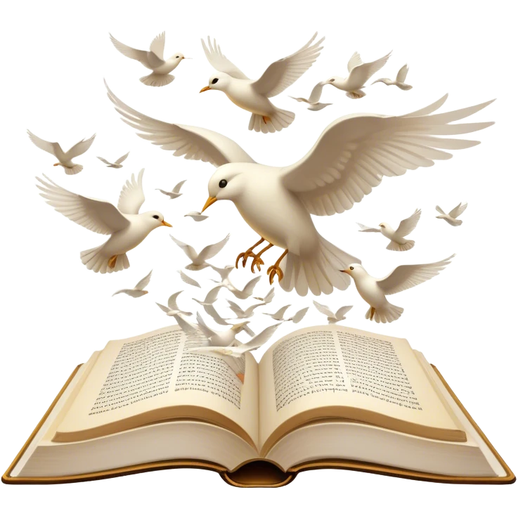 Icon for Poetry Reading: an open book with flowing verses, with pages transforming into a flock of white birds flying away. The icon should evoke the beauty, freedom, and emotional depth of poetry. Transparent background. emoji