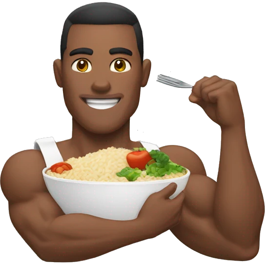 muscular man eating rice, meat and vegetables emoji