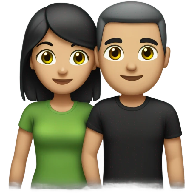 A couple hugging, girl has long straight back hair green eyes nice eyebrows medium tan black tshirt, guy has a buzz cut brown hair green eyes medium tan a gray tshirt  emoji