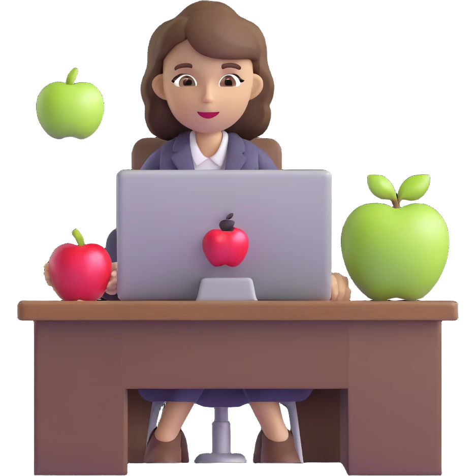 woman English teacher with brown hair, at a desk with an apple emoji