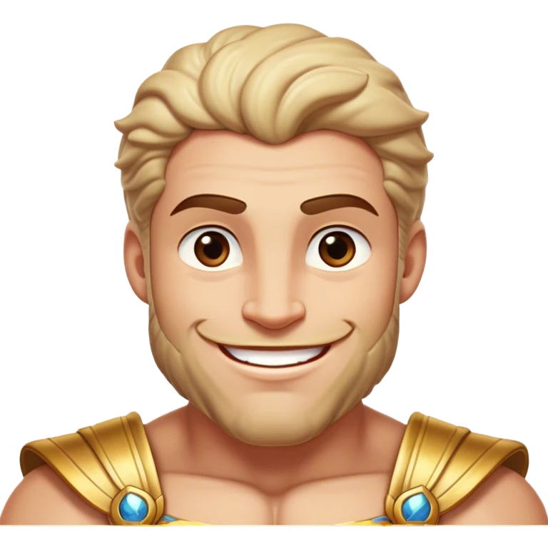 Cinematic Realistic Hercules Portrait, head tilted playfully and inquisitively, showcasing his formidable build softened by a warm, inviting smile. His eyes sparkle with a sense of mirth and determination, while his detailed attire and natural highlights capture the essence of a mighty hero with a friendly spirit. emoji