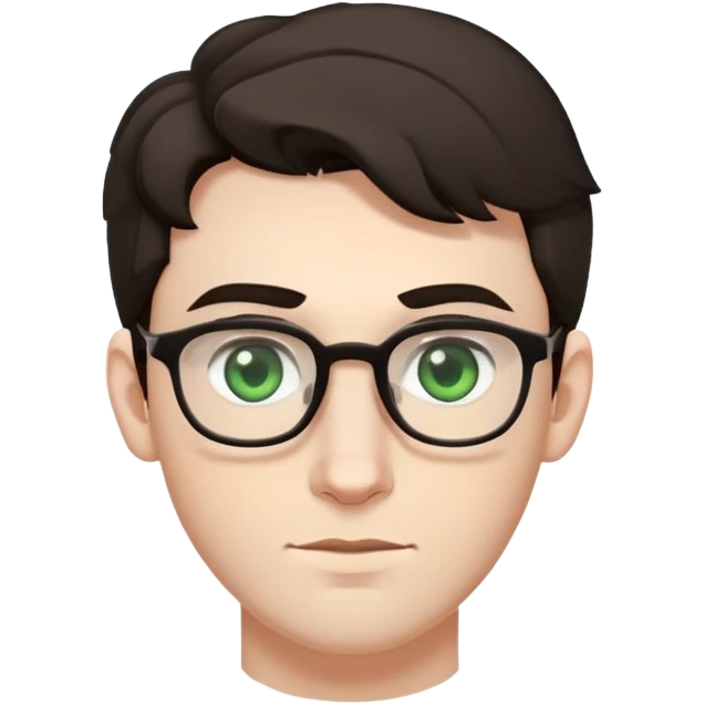 young man with pale skin, wider face, larger ears, bigger nose, thick dark eyebrows, dark tall voluminous slightly wavy hair styled up high on head but not curly, wearing glasses with green eyes and very light stubble, with a slight smile emoji