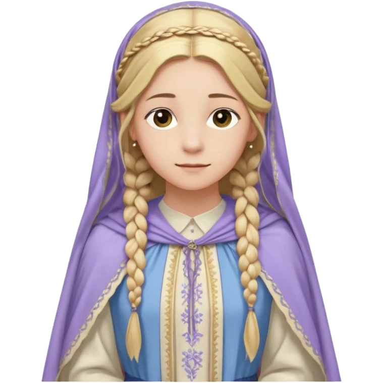 Joven de unos 20 años, de aspecto dulce y elegante.
Piel clara, ojosy expresivos, sonrisa triste.
Rubio o castaño claro, largo, con trenzas o velo.
-Vestido largo de tonos suaves (blanco, azul o lavanda), con bordados dorados; un manto o toca fina cubriendo la cabeza. de cuerpo entero  emoji