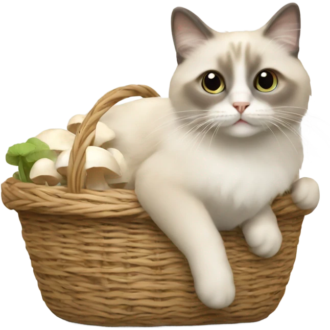 Beige Ragdoll cat carrying a basket of white mushrooms  emoji