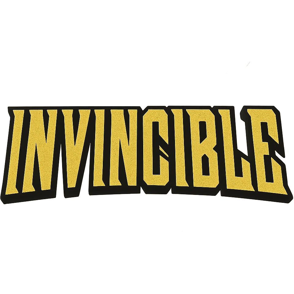 the word 'Invincible' in bold, comic book style, inspired by the Invincible TV show title card, dramatic yellow color with black outline, no background emoji