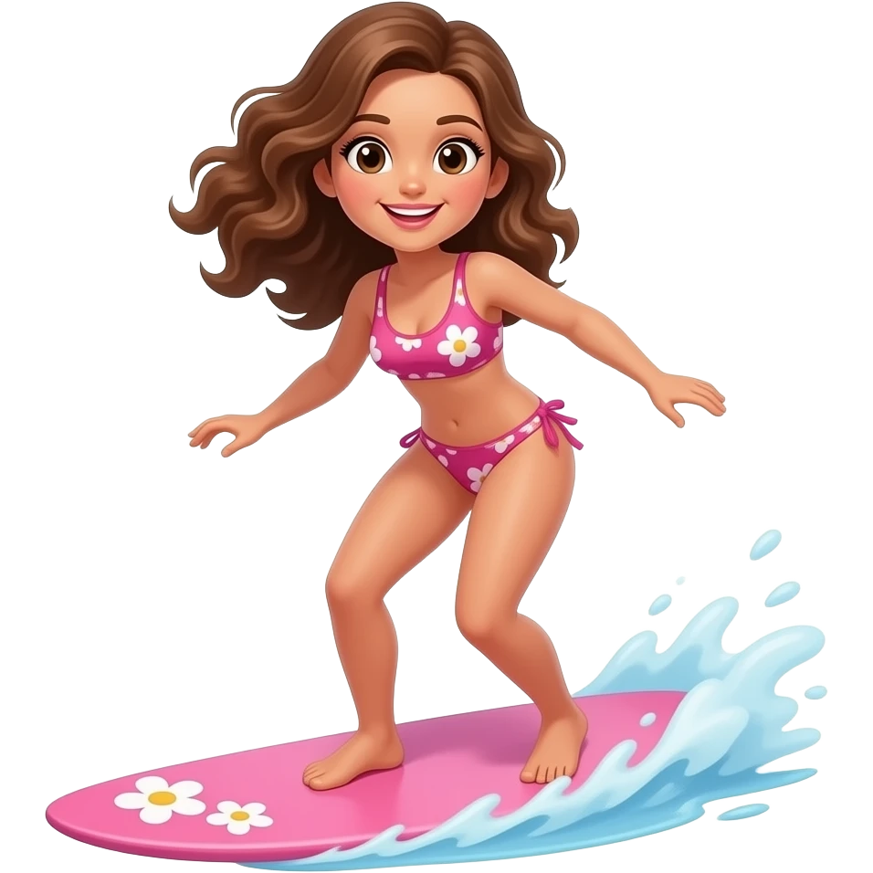 women surfing on pink cute board with flowers and she has wavy brown hair emoji