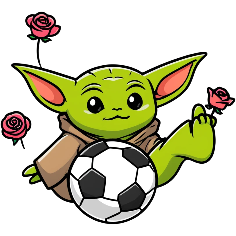 baby yoda kicking a soccer ball with small roses beside him emoji