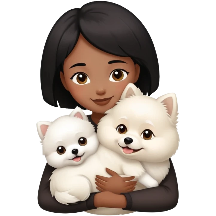 A black short-haired girl happily hugs a white Pomeranian emoji