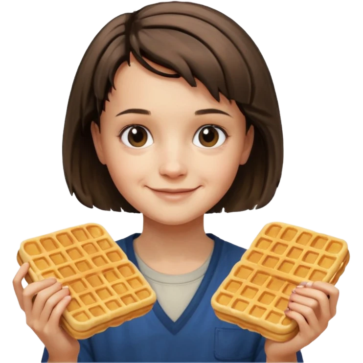 Eleven from Stranger Things, smiling, holding Eggo waffles, short hair emoji