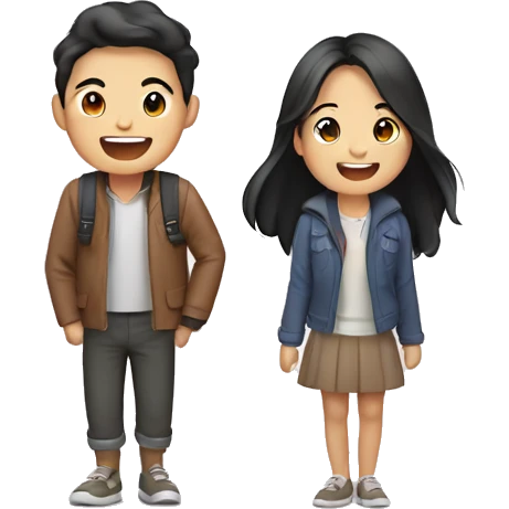 Cute Asian couple (girl with wavy long hair guy with short straight hair) excitedly traveling  emoji