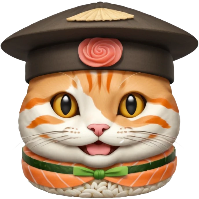 happy cat wearing a hat made out of sushi emoji