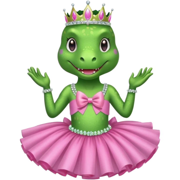 Trex wearing a tutu, tiara, and a pink glittery bow emoji