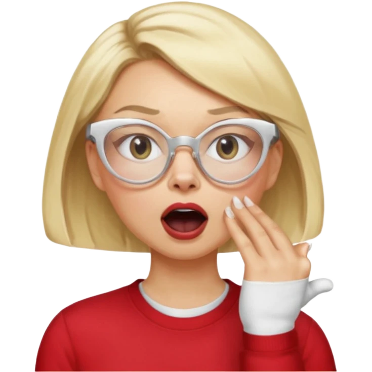 emoji style, side view woman with light skin, blonde bob hair, white cat-eye glasses, red shirt, hand cupped tightly around her mouth, hand close to nose and lips, shouting loudly, energetic expression, simple background emoji