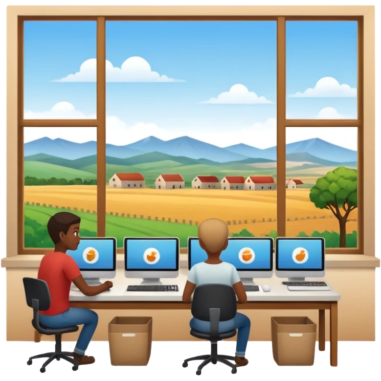Employees of a startup company working on their computers while looking out the window at the rural landscape.w emoji