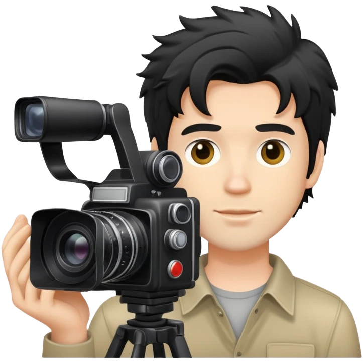 a white man with black messy hair holding a foto camera emoji