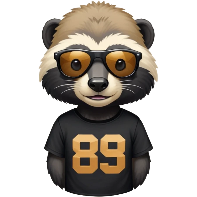 friendly anthropomorphised honey badger, close crop showing head, neck, and top of t-shirt with a graphic print, wearing sunglasses emoji