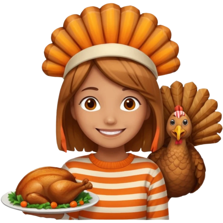 happy tan girl with an orange striped sweater and a cooked browned turkey on her head  emoji