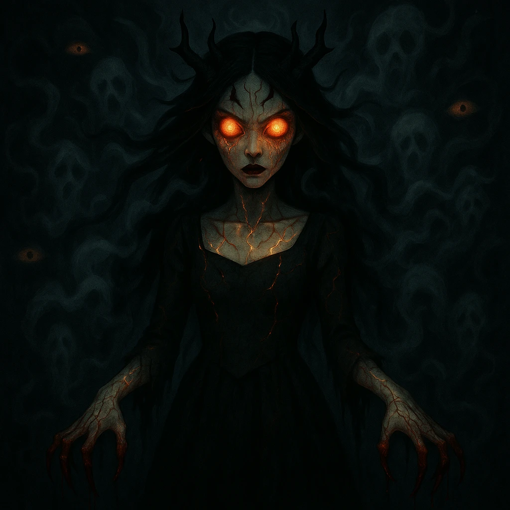 Make the beautiful scary girl even scarier with extreme supernatural horror features, more disturbing and haunting, while keeping her gothic beauty. Enhance the supernatural and horror elements to create a deeply unsettling and haunting atmosphere. emoji