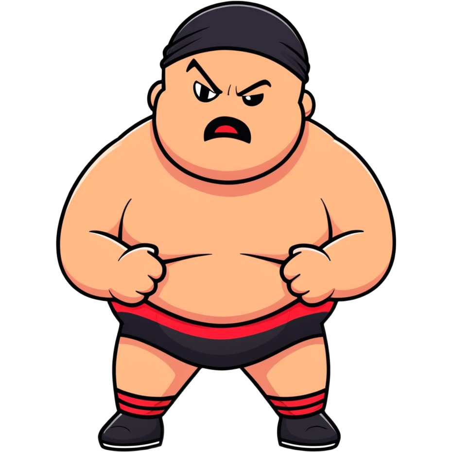 Close-up of white skin fat guy with prominent black durag, completely shaved face, no beard or mustache, black eyes in a red and black wrestling singlet with angry face emoji