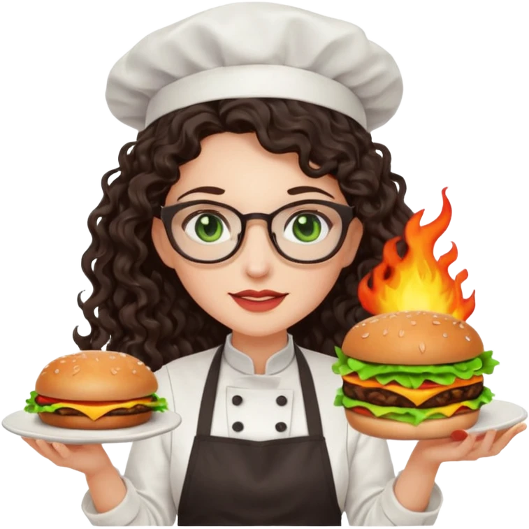 A female chef with glasses, dark brown long curly hair, White skin,Green eyes and setimg a burger on fire emoji