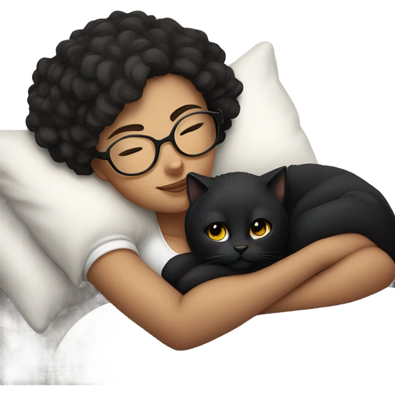 Pale white young woman with short dark curly hair with glasses cuddling, sleeping in bed with her black cat emoji