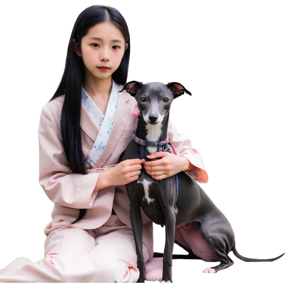 A young Chinese girl with long black hair and a dark grey Italian Greyhound with absolutely no white marks on its body or nose sitting under a cherry blossom tree emoji